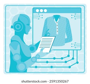 AI Enhanced Fashion Design concept. Robot analyzing a digital representation of a shirt, showcasing technology role in modern fashion and design innovation. Flat vector modern illustration 