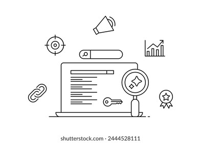 Investigación de Palabra clave Mejorada de IA. Investigación de Palabra clave impulsada por la tecnología de IA, que permite una visión sin precedentes, una focalización precisa y una optimización estratégica. Ilustración de línea de trazo editable.