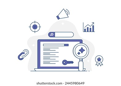 AI Enhanced Keyword Research. Keyword research powered by AI technology, allowing for unparalleled insights, precise targeting, and strategic optimization. Editable Stroke Filled Line Illustration.
