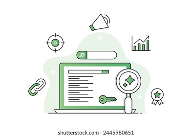 AI Enhanced Keyword Research. Keyword research powered by AI technology, allowing for unparalleled insights, precise targeting, and strategic optimization. Editable Stroke Green Line Illustration.