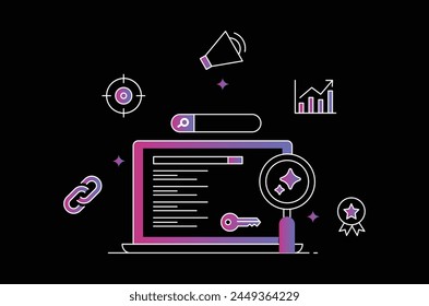 Investigación de Palabra clave Mejorada de IA. Investigación de Palabra clave impulsada por la tecnología de IA, que permite una visión sin precedentes, una focalización precisa y una optimización estratégica. Ilustración de línea de degradado de trazo editable.