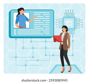 AI Enhanced Parent Teacher Communication. Professional using technology, data, and artificial intelligence in a futuristic digital environment highlighting collaboration, innovation, and progress.