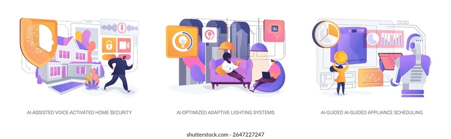 AI Enhancements for Smart Homes abstract concept vector illustration set. AI enables voice security, adaptive lighting, and smart appliance scheduling for modern home living. abstract metaphor.