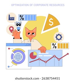 AI enhances corporate resource optimization, utilizing data analytics for informed decision-making. The illustration highlights productivity metrics and efficiency in modern business contexts.