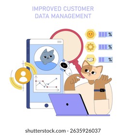 AI enhances customer data management for medium-sized businesses. This illustration shows a user combining technology and analytics, supported by AI, to boost efficiency and insights.