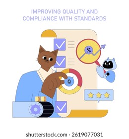 AI enhances global business by improving quality and compliance with standards through efficient processes. The illustration presents a cat working with data metrics and quality measures. Vector