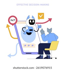 AI enhances global business management through effective decision-making. The illustration showcases a professional engaging with a robotic assistant for round-the-clock support in strategic choices.