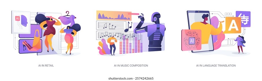 AI Enhancing Everyday Experiences abstract concept vector illustration set. Virtual fitting room, AI-assisted music composition, and real-time AI language translation. abstract metaphor.