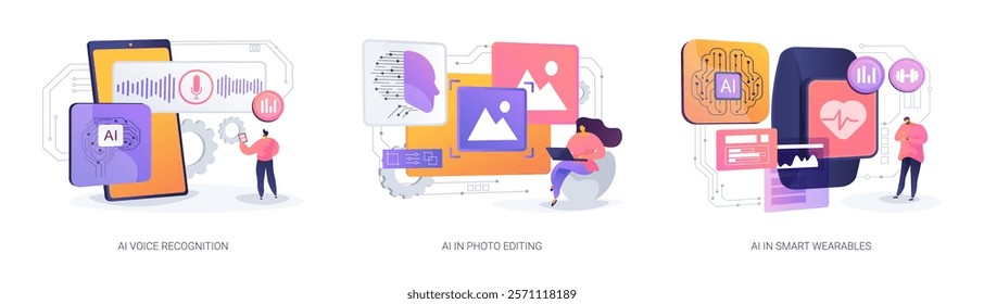 AI Enhancing Everyday Tasks abstract concept vector illustration set. Voice-to-text recognition, AI-powered photo editing, and smartwatch health monitoring. abstract metaphor.