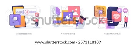 AI Enhancing Everyday Tasks abstract concept vector illustration set. Voice-to-text recognition, AI-powered photo editing, and smartwatch health monitoring. abstract metaphor.