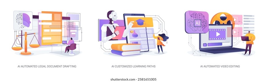 AI Enhancing Law, Learning, and Media abstract concept vector illustration set. Fast legal drafting, personalized e-learning paths, and automated video editing with AI tools. abstract metaphor.