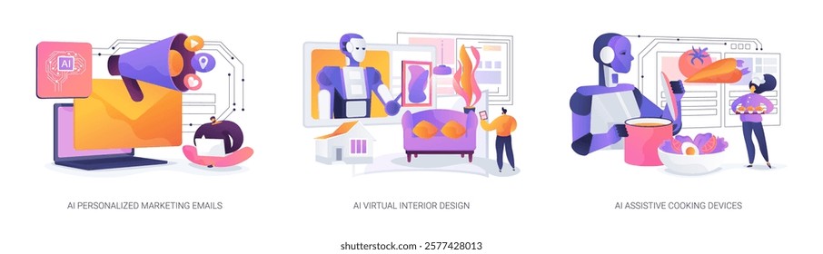 AI Enhancing Marketing and Living abstract concept vector illustration set. Personalized marketing emails, virtual interior design planning, and guided recipe preparation with AI. abstract metaphor.