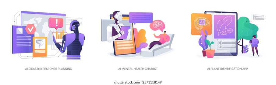 AI Enhancing Safety and Wellness abstract concept vector illustration set. Disaster prediction, AI therapy chatbot, and plant identification for hikers with smart apps. abstract metaphor.