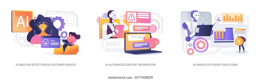 AI Enhancing Service and Sustainability abstract concept vector illustration set. Emotion detection, spam filtering, energy optimization with AI for improved efficiency and impact. abstract metaphor.