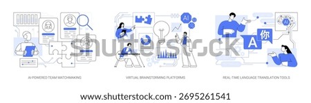 AI Enhancing Team Dynamics, Collaboration abstract concept vector illustration set. AI-driven team building, interactive platforms for creativity, seamless multilingual collaboration. abstract