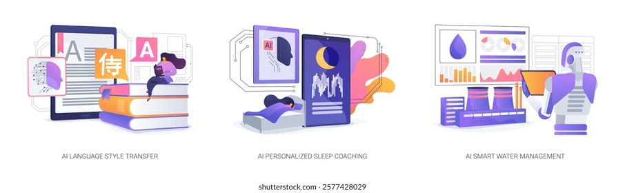 AI Enhancing Writing and Well-Being abstract concept vector illustration set. Text tone adaptation, sleep pattern monitoring, and water usage optimization with AI tools. abstract metaphor.