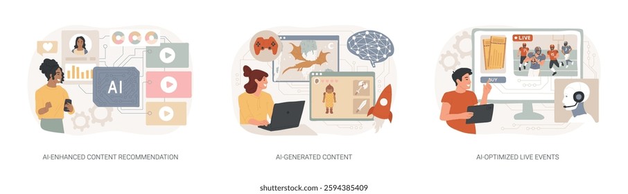 AI in Entertainment abstract concept vector illustration set. AI-Enhanced Content Recommendation, viewing history, AI-Generated Content, AI-Optimized Live Events, ticket sales abstract metaphor.