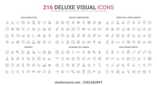 AI environment access and analytics, IoT and digital data of fintech line icon set. Electronics and computer parts, metaverse innovation thin black and red outline symbols vector illustration