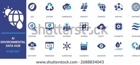 AI Environmental Data Hub icon set featuring eco technology, clean energy, and climate analytics. Perfect for sustainability, green tech, and environmental data projects.