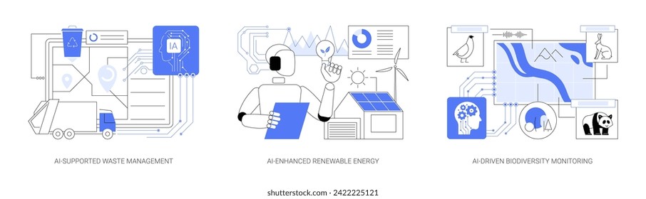 AI for Environmental Issues abstract concept vector illustration set. AI-Supported Waste Management, Renewable Energy, AI-Driven Biodiversity Monitoring, wildlife protection abstract metaphor.