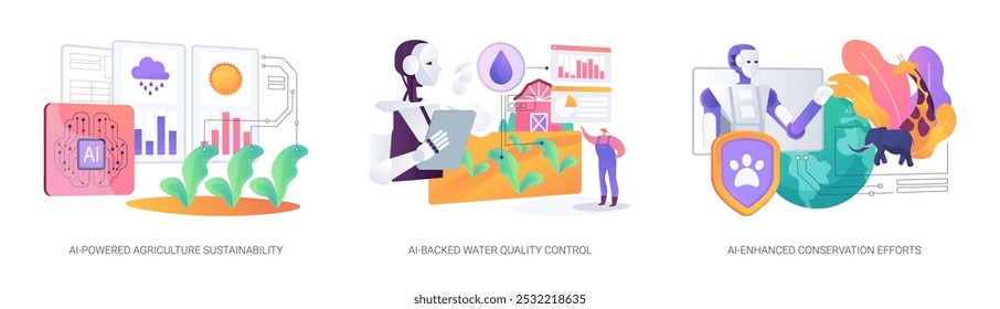 AI for Environmental protection abstract concept vector illustration set. AI-Powered Agriculture Sustainability, AI-Backed Water Quality Control, AI-Enhanced Conservation Efforts abstract metaphor.