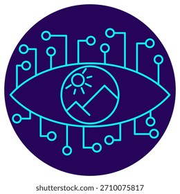 Icono de la visión ambiental de la IA. Ilustración de línea delgada de Vector sobre un fondo azul oscuro redondo. Simboliza el análisis inteligente (circuitos) de datos visuales (ojo) relacionados con escenas al aire libre, naturaleza