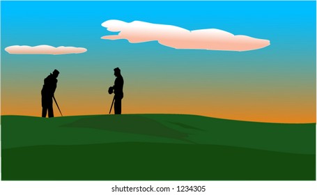 AI eps 8.0 compatible vector silhouette of two men playing their last round of golf for the day.