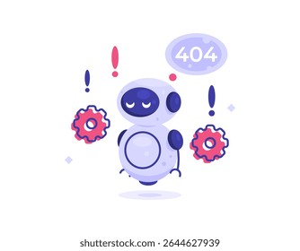conceito de erro de IA. sistema de inteligência artificial está em manutenção e reparo. ilustração de um robô que está errado ou quebrado. problema de tecnologia. 404. design de estilo plano