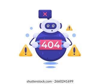 an AI error system concept. artificial intelligence is having problems. AI is broken. illustration of a robot assistant holding a 404 label with a warning message. flat style design. elements