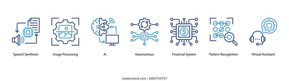 Ilustração vetorial do ícone de banner da Web do AI Essentials com Síntese de Fala, Processamento de Imagem, AI, Autônomo, Sistema Financeiro, Reconhecimento de Padrões e Assistente Virtual.