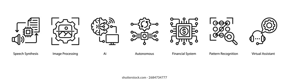 AI Essentials web banner icon vector illustration featuring Speech Synthesis, Image Processing, AI, Autonomous, Financial System, Pattern Recognition, and Virtual Assistant.