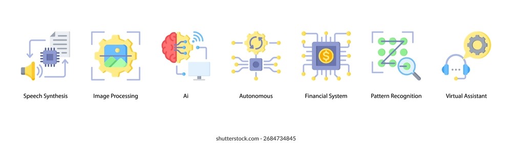 ILUSTRACIÓN VECTORIAL de iconos de Anuncio de Web de AI Essentials con síntesis de voz, procesamiento de Imagen, IA, sistema autónomo, sistema financiero, reconocimiento de patrones y asistente virtual.