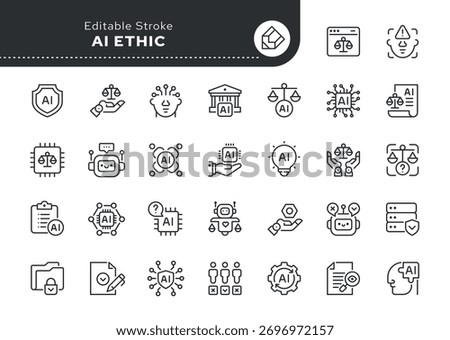 AI ethic line icon set. Artificial intelligence, ethical dilemma, data privacy, fairness, explainable AI, deepfake, bias detection and more. Outline icon in linear style. Vector collection.	
