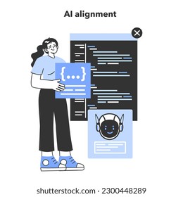 AI ethics. Artificial intelligence alignment. Computer system intelligence development regulation. Future philosophical and ethical issue. Security and normative control. Flat vector illustration