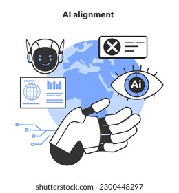 AI ethics. Artificial intelligence alignment. Computer system intelligence development regulation. Future philosophical and ethical issue. Security and normative control. Flat vector illustration