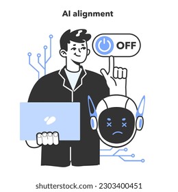 AI ethics. Artificial intelligence alignment. Computer system intelligence development regulation. Future philosophical and ethical issue. Security and normative control. Flat vector illustration