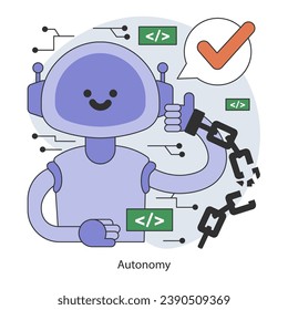 AI ethics. Artificial intelligence autonomy. Complex neural network systems to operate independent of direct human intervention. Decision-making process. Flat vector illustration