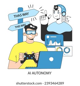 AI ethics. Artificial intelligence autonomy juxtaposed hardware control. Virtual reality developer and complex algorithms working in tandem. Decision-making process. Flat vector illustration