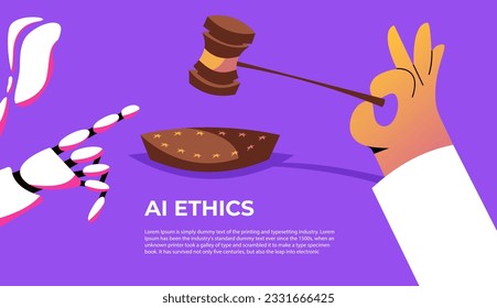 AI Ethics. Artificial intelligence crime. Robot points his finger at the judge's gavel. Flat vector banner illustration.