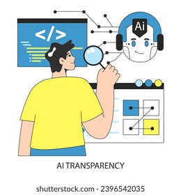 AI ethics. Artificial intelligence and neural networks transparency and liability. Character scrutinizes AI operations researching tech workings Flat vector illustration.