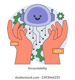 AI ethics concept. AI's accountability. Caring hands cradle a smiling robot head. Gears and code symbols emphasize the balance of tech and responsibility. Flat vector illustration.