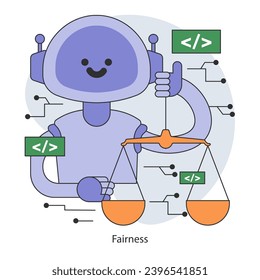 AI ethics concept. Robot balanced scales, unbiased algorithmic fairness. Justice and equality. Artificial intelligence alignment and normative control. Flat vector illustration