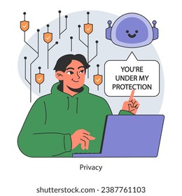 AI ethics concept. User using a laptop. Artificial intelligence provide data protection and digital device safety. Protection of the internet access, cyber attack prevention. Flat vector illustration