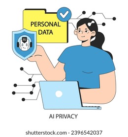 Concepto de ética de IA. Mujer que usa laptop, asegurando el compromiso de AI con la privacidad. Protección de datos personales con un escudo. Seguridad digital o cibernética. Ilustración vectorial plana.