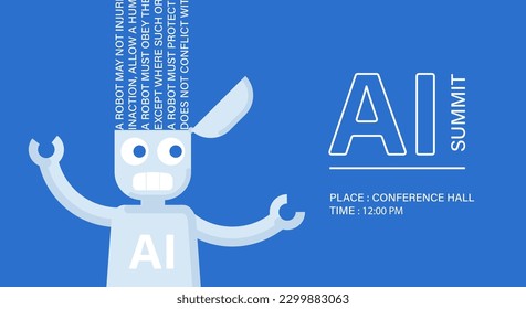 AI ethics conference banner. Funny illustration of Generative AI learning. Uploading laws of robotics to the robot's head. Awkward looking robot. Vector illustration