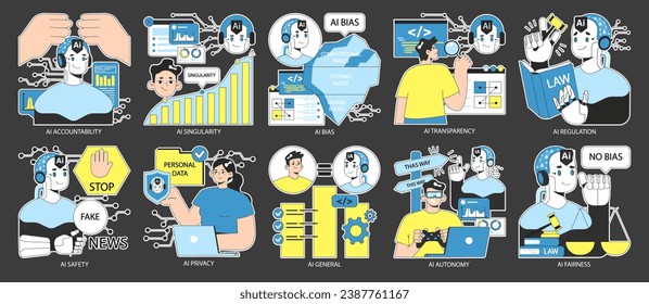 AI ethics dark or night mode set. Artificial intelligence alignment and regulation. Accountability, singularity and autonomy, bias types, transparency, safety and privacy. Flat vector illustration.