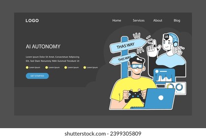 AI ethics dark or night mode web, landing. Artificial intelligence autonomy. Virtual reality developer and complex algorithms working in tandem. Decision-making process. Flat vector illustration