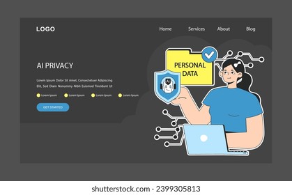 Ética de IA web oscura o en modo nocturno, aterrizaje. Mujer que usa laptop, asegurando el compromiso de AI con la privacidad. Protección de datos personales con un escudo. Seguridad digital o cibernética. Ilustración vectorial plana.