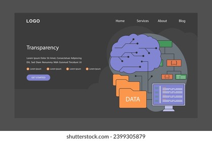 AI ethics dark or night mode web, landing. Artificial intelligence and neural network connected to data folders. Transparency of data handling processes. Flat vector illustration.