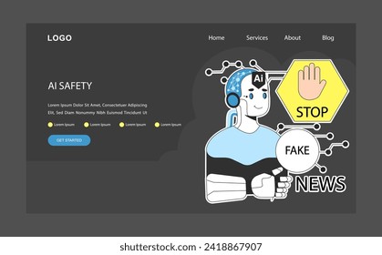 AI ethics dark or night mode web, landing. AI robotics character recognize and filter fake news, propaganda and hoaxes. Accurate information and digital safety. Flat vector illustration.